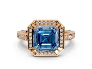 Halo Engagement Ring Setting for Fancy Blue Asscher Cut Center with Framed Halo, Pave Band and Prong Head in Rose Gold
