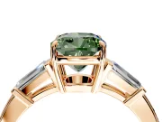 3 Stone Engagement Ring Setting for Fancy Green Cushion Cut Center with Baguette Accents and Prong Head in Rose Gold