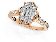 Floral Engagement Ring Setting for Emerald Cut Center with Pave Band and Floral Prong Head in Rose Gold