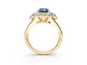 Halo Engagement Ring Setting for Fancy Blue Radiant Cut Center with Two-Strand Split Shank and Prong Head in Yellow Gold