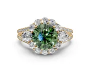 Halo Engagement Ring Setting for Fancy Green Round Cut Center with Two-Strand Split Shank and Prong Head in Yellow Gold