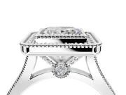 Halo Engagement Ring Setting for Princess Cut Center with Milgrain Frame, Pave Band and Prong Head in Sterling Silver
