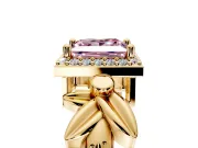 Halo Engagement Ring Setting for Fancy Pink Princess Cut Center with Floral Band and Prong Head in Yellow Gold