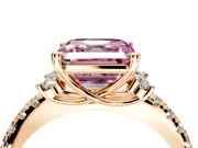 Paired Accent Engagement Ring Setting for Fancy Pink Asscher Cut Center with Pave Band and Prong Head in Rose Gold
