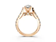Solitaire Engagement Ring Setting for Pear-Shaped Center with Pave Cathedral Shoulders and Prong Head in Rose Gold