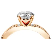 Solitaire Engagement Ring Setting for Oval Center with Milgrain-Edged Pave Band and Prong Head in Rose Gold