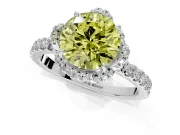 Halo Engagement Ring Setting for Fancy Yellow Round Cut Center with Openwork Halo, Pave Band and Prong Head in White Gold
