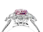 Halo Engagement Ring Setting for Fancy Pink Radiant Cut Center with Two-Strand Split Shank and Prong Head in Platinum