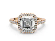 Halo Engagement Ring Setting for Asscher Cut Center with Narrowing Pave Band and Prong Head in Rose Gold
