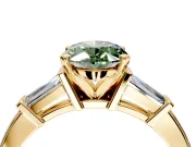 3 Stone Engagement Ring Setting for Fancy Green Oval Center with Channel Baguette Accents and Prong Head in Yellow Gold