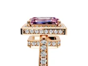 Halo Engagement Ring Setting for Fancy Pink Emerald Cut Center with Metal-Rimmed Halo, Pave Band and Prong Head in Rose Gold