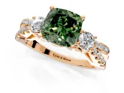 3 Stone Engagement Ring Setting for Fancy Green Cushion Cut Center with Pave Split Shank and Prong Head in Rose Gold