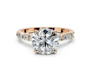 Baguette Engagement Ring Setting for Round Cut Center with Alternating Bar-Set Band and Prong Head in Rose Gold