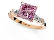 Bar-Set Engagement Ring Setting for Fancy Pink Princess Cut Center with Tapered Baguette Accents and Prong Head in Rose Gold