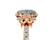 Halo Engagement Ring Setting for Emerald Cut Center with Openwork Halo, Pave Band and Prong Head in Rose Gold