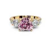 3 Stone Engagement Ring Setting for Fancy Pink Heart-Shaped Center with Crossover Basket, Pave Band and Prong Head in Yellow Gold