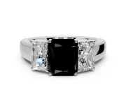 3 Stone Engagement Ring Setting for Fancy Black Radiant Cut Center with Raised Basket Heads and Prong Head in Sterling Silver