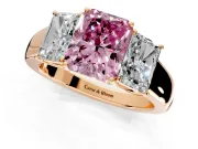 3 Stone Engagement Ring Setting for Fancy Pink Radiant Cut Center with Raised Basket Heads and Prong Head in Rose Gold