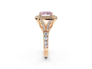 Double Halo Engagement Ring Setting for Fancy Pink Radiant Cut Center with Narrow Pave Split Shank and Prong Head in Rose Gold