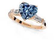 Bar-Set Engagement Ring Setting for Fancy Blue Heart-Shaped Center with Tapered Baguette Accents and Prong Head in Rose Gold