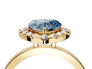 Halo Engagement Ring Setting for Fancy Blue Heart-Shaped Center with Thin Plain Band and Prong Head in Yellow Gold