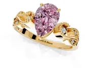 Leaf Engagement Ring Setting for Fancy Pink Pear-Shaped Center with Milgrain Accent Band and Prong Head in Yellow Gold