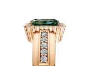 Halo Engagement Ring Setting for Fancy Green Emerald Cut Center with Wide Band, Inlaid Accent Row and Prong Head in Rose Gold