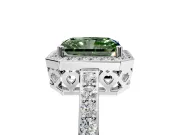 Halo Engagement Ring Setting for Fancy Green Radiant Cut Center with Heart-Shaped Openwork, Pave Band and Prong Head in White Gold