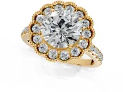 Milgrain Floral Halo Engagement Ring Setting for Round Cut Center with Pave Band and Prong Head in Yellow Gold