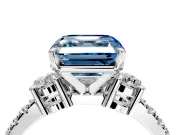 3 Stone Engagement Ring Setting for Fancy Blue Asscher Cut Center with Round Cut Side Accents and Prong Head in Platinum