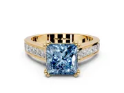 Solitaire Engagement Ring Setting for Fancy Blue Princess Cut Center with Channel Band and Double Claw Prong Head in Yellow Gold