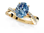 Crossover Engagement Ring Setting for Fancy Blue Oval Center with Pave and Plain Strands and Prong Head in Yellow Gold