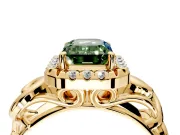 Halo Engagement Ring Setting for Fancy Green Emerald Cut Center with Open Scroll Shoulders and Prong Head in Yellow Gold