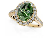 Halo Engagement Ring Setting for Fancy Green Oval Center with Narrowing Pave Band and Prong Head in Yellow Gold