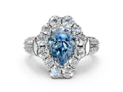 Large Accent Halo Engagement Ring Setting for Fancy Blue Pear-Shaped Center with Pave Split Shank and Prong Head in Sterling Silver