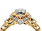 Solitaire Engagement Ring Setting for Emerald Cut Center with Filigree Band and Prong Head in Yellow Gold