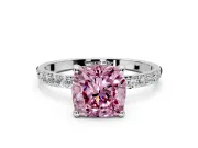 Solitaire Engagement Ring Setting for Fancy Pink Cushion Cut Center with Pave Accents and Prong Head in White Gold