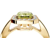 Bezel-Framed Halo Engagement Ring Setting for Fancy Yellow Radiant Cut Center with Pave Band and Prong Head in Yellow Gold