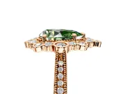 Milgrain Halo Engagement Ring Setting for Fancy Green Pear-Shaped Center with Bezel Point Accents and Prong Head in Rose Gold