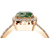 Halo Engagement Ring Setting for Fancy Green Cushion Cut Center with Inner Milgrain Border and Prong Head in Rose Gold