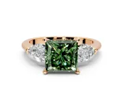 3 Stone Engagement Ring Setting for Fancy Green Princess Cut Center with Large Pear-Shaped Accents and Prong Head in Rose Gold