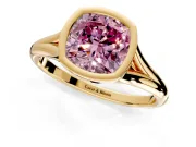 Solitaire Engagement Ring Setting for Fancy Pink Cushion Cut Center with V Split Shank and Bezel Head in Yellow Gold