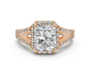 Halo Engagement Ring Setting for Radiant Cut Center with Pave Split Shank and Prong Head in Rose Gold