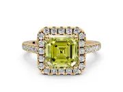 Halo Engagement Ring Setting for Fancy Yellow Asscher Cut Center with Raised Halo, Pave Band and Prong Head in Yellow Gold
