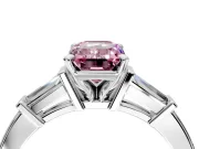 3 Stone Engagement Ring Setting for Fancy Pink Emerald Cut Center with Channel Baguette Accents and Prong Head in White Gold