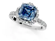 Halo Engagement Ring Setting for Fancy Blue Asscher Cut Center with Openwork Halo, Pave Band and Prong Head in Platinum