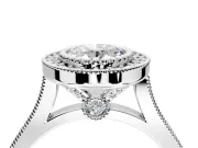 Halo Engagement Ring Setting for Oval Center with Milgrain Frame, Pave Band and Prong Head in White Gold