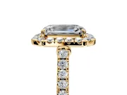 Halo Engagement Ring Setting for Emerald Cut Center with Narrowing Pave Band and Prong Head in Yellow Gold