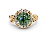Halo Engagement Ring Setting for Fancy Green Round Cut Center with Open Scroll Shoulders and Prong Head in Yellow Gold
