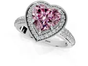 Milgrain Halo Engagement Ring Setting for Fancy Pink Heart-Shaped Center with Three-Sided Pave Band and Prong Head in White Gold